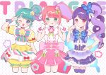  3girls ;d blue_eyes cowboy_shot cropped_legs dress fingers_to_cheeks flower gloves green_eyes group_name hair_flower hair_ornament hand_on_own_hip hand_up hands_up highres hoshikuzu_(pinkholic) idol_clothes junon_(pripara) kanon_(pripara) long_hair looking_at_viewer multicolored_hair multiple_girls one_eye_closed open_mouth pink_flower pink_hair pink_skirt pinon_(pripara) pretty_series pripara purple_dress purple_hair shirt shooting_star_hair_ornament short_sleeves shorts side_ponytail skirt smile standing star_(symbol) star_hair_ornament streaked_hair v white_gloves white_shirt yellow_shorts 