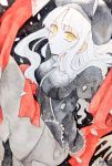  1girl breasts caren_hortensia dress falling fate/hollow_ataraxia fate_(series) goodnight_gn8 grey_hair hat layered_sleeves long_hair long_sleeves pantyhose robe shroud_of_magdalene signature silver_hair solo thigh-highs white_hair yellow_eyes 