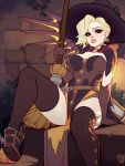  1girl bangs belt blonde_hair blue_eyes blushy-pixy bodice book boots breasts cape earrings elbow_gloves english_commentary food_themed_earrings gloves glowing glowing_wings halloween halloween_costume hat highres holding jack-o&#039;-lantern jack-o&#039;-lantern_earrings jewelry large_breasts leg_up looking_at_viewer mechanical_wings mercy_(overwatch) overwatch pink_lips pumpkin_earrings shoes sitting smile spiked_shoes spikes spread_wings thigh-highs thigh_boots thighs wings witch witch_hat witch_mercy yellow_wings 