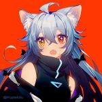  1girl :o ahoge animal_ear_fluff animal_ears bangs bare_shoulders black_jacket black_shirt blue_hair blush brown_eyes copyright_request eyebrows_visible_through_hair fangs hair_between_eyes jacket long_hair looking_at_viewer lowres off_shoulder open_clothes open_jacket open_mouth prophet_chu red_background red_eyes shirt simple_background sleeveless sleeveless_shirt solo twitter_username upper_body 