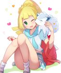  1girl ;d alolan_form alolan_vulpix backpack bag blonde_hair blush braid brat cheek_licking colored_shadow commentary_request face_licking gen_7_pokemon green_eyes grey_footwear heart high_ponytail holding_strap knees_together_feet_apart knees_up licking lillie_(pokemon) loafers long_hair on_shoulder one_eye_closed open_mouth pleated_skirt pokemon pokemon_(creature) pokemon_(game) pokemon_sm ponytail puffy_short_sleeves puffy_sleeves shadow shirt shoes short_sleeves skirt smile socks white_background white_legwear white_shirt white_skirt 