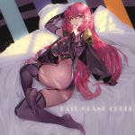  1girl ass bed breasts copyright_name fate/grand_order fate_(series) feet full_body grandialee hair_between_eyes highres large_breasts lips long_hair looking_at_viewer pillow pink_eyes pink_hair scathach_(fate)_(all) scathach_(fate/grand_order) sidelocks solo 