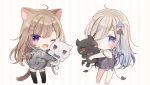 2girls ;d animal_ears bare_arms bare_shoulders barefoot black_camisole black_legwear black_shorts blue_eyes brown_eyes brown_hair camisole cat_ears cat_girl cat_tail chibi commentary_request demon_girl demon_tail demon_wings fang grey_hoodie hetero holding holding_stuffed_animal hood hood_down hoodie leo_(mafuyu) long_hair mafuyu_(chibi21) multicolored_hair multiple_girls no_shoes one_eye_closed open_mouth original panties purple_hair ruty_(mafuyu) sample short_shorts shorts side-tie_panties smile streaked_hair striped striped_background striped_panties stuffed_animal stuffed_cat stuffed_toy tail thigh-highs underwear vertical-striped_background vertical_stripes very_long_hair violet_eyes wing_hair_ornament wings 