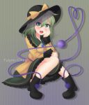  1girl :d artist_name bangs black_footwear black_headwear blush boots bow commentary drop_shadow frilled_shirt_collar frilled_sleeves frills gradient gradient_background green_background green_eyes green_hair green_skirt hair_between_eyes hand_on_own_cheek hand_up hat hat_bow heart heart_of_string high_heel_boots high_heels highres komeiji_koishi long_sleeves looking_at_viewer open_mouth purple_background shirt short_hair sitting skirt smile solo striped striped_background third_eye touhou vertical-striped_background vertical_stripes yellow_bow yellow_shirt yulynn-chan 