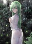  1girl ass bangs blush commentary_request cowboy_shot eyebrows_visible_through_hair from_side green_eyes green_hair hair_between_eyes kochiya_sanae leaf long_hair long_sleeves looking_at_viewer parted_lips robe rock see-through solo standing touhou wet wet_clothes white_robe y2 