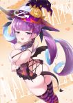  1girl ass back bangs black_panties blue_eyes blunt_bangs blush bow bowtie braid breast_hold breasts butt_crack crystal_shoujo curly_hair demon_tail demon_wings detached_collar eyebrows_visible_through_hair fake_tail fake_wings half-closed_eyes halloween hat highleg highleg_panties highres hololive large_breasts long_hair looking_at_viewer looking_up minato_aqua multicolored multicolored_clothes multicolored_hair multicolored_legwear open_mouth panties pumpkin purple_hair purple_legwear revealing_clothes smile solo string_panties striped striped_legwear tail thigh-highs thong twintails two-tone_hair underwear violet_eyes virtual_youtuber wings witch_hat 
