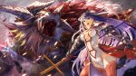  1girl armor blue_eyes center_opening earrings embers fate/grand_order fate_(series) gauntlets gloves glowing groin hair_ribbon jewelry kito_(kito2) long_hair monster navel open_mouth purple_hair red_gloves red_legwear ribbon saint_martha staff tarrasque_(fate) thigh-highs 