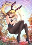  1girl :o adsouto ahoge animal_ears asia_argento ass autumn_leaves backlighting bangs bare_arms bare_shoulders black_bow black_footwear black_hairband black_leotard black_nails blonde_hair blush bow bowtie breasts brown_legwear bunny_tail bunnysuit detached_collar elbow_gloves fake_animal_ears fake_tail floating full_body gloves green_eyes hairband hands_clasped high_heels high_school_dxd highres leaf leotard long_hair looking_at_viewer medium_breasts open_mouth own_hands_together pantyhose parted_bangs rabbit_ears signature sky solo strapless strapless_leotard sunlight tail thighs v-shaped_eyebrows very_long_hair 