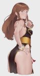 1girl alternate_costume ass bangs bare_shoulders bracelet braid breasts brown_eyes brown_hair cheshirrrrrko china_dress chinese_clothes chun-li dress earrings halterneck highres jewelry long_hair looking_to_the_side parted_lips pelvic_curtain side_slit sideboob spiked_bracelet spikes street_fighter thighs 