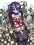  1girl bare_shoulders black_choker check_commentary choker collarbone commentary commentary_request fence hair_over_one_eye hands_on_own_knees highres leviathan_(skullgirls) looking_at_viewer orange_eyes purple_hair purple_skin purple_skirt shiny shiny_hair short_hair sitting skirt skull skullgirls sleeves sleeves_past_wrists smile solo solo_focus squigly_(skullgirls) stitched_mouth stitches striped_sleeves throne tombstone yanyan_(shinken_gomi) zombie 