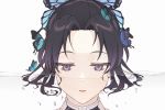  1girl animal bangs black_hair bug butterfly butterfly_hair_ornament forehead hair_ornament half-closed_eyes insect kimetsu_no_yaiba kochou_shinobu parted_bangs parted_lips partially_submerged pig_ggul portrait simple_background solo violet_eyes water white_background 