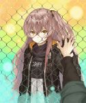  1girl black_gloves black_jacket brown_eyes brown_hair chain-link_fence closed_mouth commentary_request fence fingerless_gloves frown girls_frontline gloves hair_between_eyes holding_hands jacket long_hair looking_at_viewer multicolored multicolored_background numazume one_side_up open_clothes open_jacket scar scar_across_eye solo_focus ump45_(girls_frontline) very_long_hair 