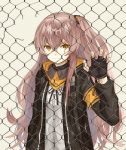  1girl armband black_gloves black_jacket broken_fence brown_eyes brown_hair chain-link_fence closed_mouth fence fingerless_gloves frown girls_frontline gloves grey_background holding_hands jacket long_hair looking_at_viewer numazume one_side_up open_clothes open_jacket scar scar_across_eye simple_background solo ump45_(girls_frontline) very_long_hair 