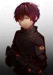  1boy absurdres brown_hair gun highres looking_at_viewer military military_uniform nyxview short_hair solo uniform weapon yellow_eyes 