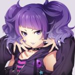 1girl bangs bare_shoulders black_nails breasts collarbone commentary_request highres idolmaster idolmaster_shiny_colors jacket large_breasts mikapoe parted_lips purple_hair shirt smile solo star striped striped_shirt tanaka_mamimi twintails violet_eyes