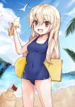  1girl bangs beach bird blonde_hair blue_swimsuit blush breasts collarbone day eyebrows_visible_through_hair fate/grand_order fate_(series) food hair_between_eyes highres holding ice_cream ice_cream_cone illyasviel_von_einzbern long_hair looking_at_viewer oguri_(pixiv25574366) open_mouth outdoors red_eyes sand_castle sand_sculpture small_breasts smile solo swimsuit 