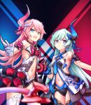 2girls asymmetrical_horns breasts dress flower gloves green_hair hair_ornament hair_ribbon highres honkai_(series) honkai_impact_3rd horn horns intertwined_tails liliya_olyenyey long_hair mechanical_horns mechanical_tail mismatched_gloves multiple_girls navel open_clothes open_dress pink_hair red_flower red_rose ribbon rose rozaliya_olyenyey shinachiku_(uno0101) siblings small_breasts tail thick_eyebrows twins 