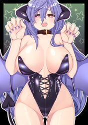  1girl blush breasts collar demon_horns demon_tail demon_wings dura fang halloween halloween_costume highres horns iris_heart kami_jigen_game_neptune_v large_breasts leotard neptune_(series) open_mouth power_symbol purple_hair red_eyes symbol-shaped_pupils tail wings 