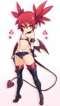  1girl bangs bare_shoulders bat_wings belt black_footwear black_gloves black_shorts boots choker demon_girl demon_tail disgaea earrings etna eyebrows_visible_through_hair flat_chest full_body gloves hair_between_eyes heart highres jewelry karukan_(monjya) micro_shorts navel pointy_ears red_eyes red_legwear redhead shorts simple_background skull_earrings smile solo standing stomach tail thigh-highs thigh_boots twintails white_belt wings 