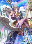  1girl arm_guards armor blue_sky blush breastplate brown_hair clouds cloudy_sky commentary_request company_name copyright_name day fire_emblem fire_emblem_awakening fire_emblem_cipher flower gloves hair_ornament holding holding_weapon kousei_horiguchi long_hair long_sleeves official_art outdoors parted_lips pegasus pegasus_knight petals polearm puffy_sleeves rainbow shoulder_armor shoulder_pads sky smile sparkle spear striped sumia vertical_stripes violet_eyes weapon wings 