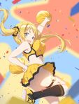  1girl :d amochin arm_up armpits ass blonde_hair bouncing_breasts breasts cheerleader confetti crop_top dancing eyebrows_visible_through_hair garters green_eyes hachimiya_meguru hair_ribbon hand_on_hip highres holding holding_pom_poms idolmaster idolmaster_shiny_colors looking_at_viewer medium_breasts midriff miniskirt no_panties open_mouth pleated_skirt pom_poms ribbon shirt shoes skirt sleeveless sleeveless_shirt smile socks solo sparkle standing star yellow_crop_top yellow_pom_poms yellow_skirt 