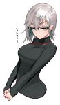  1girl asymmetrical_hair black_clothes blush commentary commentary_request earrings eyelashes glasses grey_eyes highres hiragana_(gomasyabu) jewelry long_sleeves looking_at_viewer mole multiple_earrings original ring short_hair silver_hair simple_background sketch solo white_background 