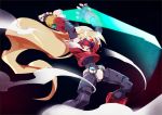  1boy android bangs blonde_hair bracelet clenched_teeth clouds covered_eyes energy_sword fingerless_gloves girouette gloves holding jewelry kon_(kin219) long_hair male_focus model_z ponytail rockman rockman_zx solo standing sword teeth visor weapon wind 