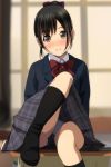  1girl absurdres bangs black_hair black_legwear blazer blue_jacket blue_panties blurry blurry_background blush bow brown_eyes collared_shirt depth_of_field desk eyebrows_visible_through_hair grey_skirt hair_ribbon head_tilt high_ponytail highres jacket knee_up kneehighs looking_at_viewer matsunaga_kouyou no_shoes nose_blush on_desk original panties parted_lips plaid plaid_skirt pleated_skirt ponytail purple_ribbon red_bow ribbon school_desk school_uniform shirt sitting sitting_on_desk skirt smile solo underwear white_shirt 