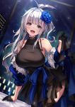  1girl :d alternate_costume bangs black_dress black_gloves blue_eyes blurry blurry_background blush breasts cenangam choker collarbone commentary_request cross cross_earrings dress earrings eyebrows_visible_through_hair flower garter_straps girls_frontline gloves grey_hair hair_flower hair_ornament hair_ribbon half_gloves heart heart-shaped_pupils heavy_breathing heterochromia highres indoors jewelry long_hair looking_at_viewer mdr_(girls_frontline) multicolored_hair night off_shoulder one_side_up open_mouth pink_eyes pink_hair ribbon sidelocks smile solo sparkle streaked_hair sweat symbol-shaped_pupils thigh-highs window 