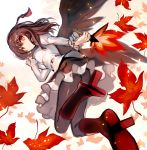  1girl absurdres autumn_leaves bangs black_legwear black_skirt black_wings boots brown_hair commentary_request eyebrows_visible_through_hair fan feathered_wings fuupu geta hair_between_eyes highres holding holding_fan juliet_sleeves knee_boots leaf_fan long_sleeves looking_at_viewer miniskirt pantyhose petticoat puffy_sleeves red_eyes red_footwear shameimaru_aya shirt short_hair skirt smile solo tassel tengu-geta thighs touhou white_shirt wings 