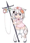 1girl @_@ animal_ear_fluff animal_ears bailingxiao_jiu bandaged_arm bandaged_leg bandages bangs blue_eyes boots braid collared_dress crying crying_with_eyes_open dress eyebrows_visible_through_hair full_body glasses hat highres intravenous_drip knees_together_feet_apart nurse nurse_cap original parted_lips pink_dress pink_headwear saliva short_sleeves side_braid silver_hair simple_background solo standing sweat tail tears thigh-highs thigh_boots white_background white_footwear white_legwear 