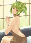  1girl ass back backless_outfit bangs bare_back breasts brown_eyes brown_sweater butt_crack closed_mouth dress from_side frown green_hair indoors iroha_(unyun) looking_at_viewer looking_to_the_side medium_breasts naked_sweater no_bra no_panties original own_hands_together short_hair short_ponytail sideboob sidelocks sitting sleeveless sleeveless_turtleneck solo sweater sweater_dress turtleneck turtleneck_sweater window yellow_eyes 