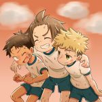  3boys arms_around_neck bandaid bandaid_on_face blonde_hair blush brown_eyes brown_hair closed_eyes dirty dirty_clothes dirty_face grin gym_uniform highres jqk male_focus multiple_boys original shorts smile sunset 