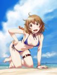  1girl 1other all_fours animal animal_on_shoulder bandaid bandaid_on_face barefoot beach bikini blue_bikini blue_sky breasts brown_eyes brown_hair clouds commentary_request crab_on_shoulder day fang kantai_collection looking_at_viewer oboro_(destroyer) oboro_(kantai_collection) outdoors sameha_ikuya ship short_hair side-tie_bikini skin_fang sky small_breasts smile swimsuit thigh_strap watercraft 