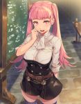  1girl belt belt_buckle black_legwear breasts buckle chalkboard commentary_request cup desk eyebrows_visible_through_hair fire_emblem fire_emblem:_three_houses garreg_mach_monastery_uniform hand_on_own_cheek hand_up highres hilda_valentine_goneril large_breasts long_hair looking_at_viewer open_mouth pink_eyes pink_hair school_uniform shinon_(tokage_shuryou) solo thigh-highs twintails very_long_hair zettai_ryouiki 