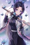  1girl animal bangs belt belt_buckle black_hair black_jacket black_pants blush breasts buckle bug butterfly butterfly_hair_ornament closed_mouth commentary eyebrows_visible_through_hair forehead gradient_hair hair_ornament hands_up highres hitsukuya holding holding_sheath holding_sword holding_weapon insect jacket katana kimetsu_no_yaiba kochou_shinobu long_sleeves looking_at_viewer multicolored_hair open_clothes pants parted_bangs purple_hair sheath small_breasts smile solo sword unsheathing violet_eyes weapon white_belt wide_sleeves 