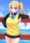  1girl absurdres black_shirt blonde_hair blue_neckwear blush bow bowtie breasts collared_shirt gradient_hair hand_on_hip hand_up highres kawakami_mai large_breasts long_hair long_sleeves looking_at_viewer mole mole_under_eye multicolored_hair musaigen_no_phantom_world ocean pleated_skirt school_uniform shirt side_ponytail sidelocks skirt smile solo sweater_vest the_only_shoe violet_eyes 