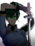  backlighting blue_dress delsaber dress earrings fingerless_gloves fire_emblem fire_emblem:_the_blazing_blade gloves glowing glowing_eyes green_eyes green_hair highres jewelry katana long_hair looking_at_viewer lyn_(fire_emblem) ponytail scratches sword weapon 