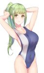  1girl :&lt; arms_behind_head blonde_hair blue_swimsuit breasts collarbone competition_swimsuit covered_navel eyebrows_visible_through_hair green_hair highres large_breasts long_hair okamired one-piece_swimsuit original ponytail sideboob simple_background solo swimsuit white_background 