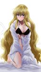 1girl bangs bare_shoulders barefoot bikini black_bikini blonde_hair blue_eyes commentary_request eyebrows_visible_through_hair hair_between_eyes highres kneeling long_hair looking_at_viewer navel no_hat no_headwear off_shoulder open_clothes open_robe parted_lips robe simple_background solo swimsuit thighs touhou very_long_hair white_background white_robe y2 yakumo_yukari 