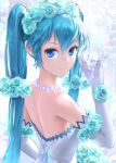  1girl aqua_flower aqua_hair aqua_rose artist_name bangs bare_shoulders bead_curtain blue_eyes blue_ribbon bouquet elbow_gloves flower flower_bracelet flower_wreath from_behind gloves hair_flower hair_ornament hand_up hatsune_miku highres jewelry long_hair looking_at_viewer looking_back necklace ribbon ring smile solo strapless twintails upper_body vocaloid white_gloves yubo-w 