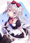  1girl amane_kurumi animal_ear_fluff animal_ears apron azur_lane bangs black_dress black_legwear blue_eyes blush bow cat_ears closed_mouth commentary_request dress eyebrows_visible_through_hair frilled_apron frilled_dress frills grey_hair hair_bow hammann_(azur_lane) long_hair looking_at_viewer one_side_up puffy_short_sleeves puffy_sleeves red_bow short_sleeves sitting solo striped tears thigh-highs vertical_stripes very_long_hair waist_apron water_drop white_apron wrist_cuffs 