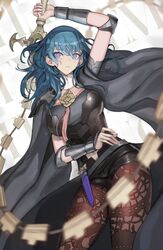  1girl arm_above_head armor blue_eyes blue_hair blurry breasts byleth_(fire_emblem) byleth_eisner_(female) cape cowboy_shot dagger depth_of_field detached_collar fire_emblem fire_emblem:_three_houses miniskirt mins_(minevi) navel navel_cutout pantyhose skirt solo weapon 