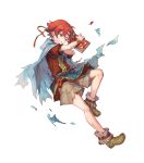  1boy azutarou belt book boots bracelet cape circlet ewan_(fire_emblem) fire_emblem fire_emblem:_the_sacred_stones fire_emblem_heroes full_body highres jewelry official_art one_eye_closed red_eyes redhead solo teeth torn_clothes 