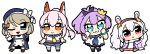  4girls :&gt; :&lt; :3 animal_ears ayanami_(azur_lane) azur_lane bare_arms bare_shoulders beret bkub black_sleeves blue_dress blue_eyes blue_headwear blue_sailor_collar blue_skirt blush_stickers bow brown_hair chibi closed_mouth commentary_request crown detached_sleeves dress gloves hair_bow hair_ornament hair_ribbon hairband hat head_tilt headgear high_ponytail highres iron_cross jacket javelin_(azur_lane) laffey_(azur_lane) long_hair long_sleeves looking_at_viewer looking_away looking_to_the_side mini_crown multiple_girls neckerchief off_shoulder one_eye_closed open_clothes open_jacket orange_eyes parted_lips pink_hair pink_jacket ponytail purple_hair purple_ribbon rabbit_ears red_eyes red_footwear red_hairband ribbon sailor_collar school_uniform serafuku shirt shoe_soles silver_hair simple_background single_glove sitting skirt sleeveless sleeveless_dress sleeveless_shirt smile strap_slip striped striped_bow tilted_headwear triangle_mouth twintails very_long_hair white_background white_camisole white_gloves white_legwear white_shirt yellow_neckwear z23_(azur_lane) 