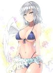  1girl bangs bare_arms bare_shoulders bikini bikini_skirt blue_bikini braid breasts collarbone commentary_request cowboy_shot eyebrows_visible_through_hair feathered_wings flower french_braid front-tie_bikini front-tie_top grey_eyes halterneck highleg highleg_bikini highres kishin_sagume large_breasts looking_at_viewer navel purple_flower short_hair silver_hair single_wing solo standing stomach swimsuit thighs touhou white_background white_wings wings y2 
