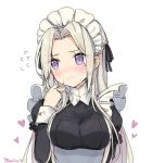  1girl alternate_costume artist_name black_ribbon blush breasts closed_mouth commentary dress edelgard_von_hresvelg embarrassed english_commentary eyebrows_visible_through_hair fire_emblem fire_emblem:_three_houses hair_ornament hair_ribbon hand_in_hair heart highres juliet_sleeves large_breasts long_hair long_sleeves looking_away maid maid_headdress moorina puffy_sleeves ribbon silver_hair simple_background solo violet_eyes white_background 