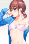  1girl arm_up bandeau bangs bikini blue_jacket blush brown_hair cherry collarbone commentary_request copyright_request eating eyebrows_visible_through_hair flat_chest food fruit fuzuki_fuuro gradient gradient_background grey_background highres holding holding_food holding_fruit jacket long_sleeves low_twintails navel off_shoulder open_clothes open_jacket pink_bikini red_eyes short_hair short_twintails single_bare_shoulder sleeves_past_wrists solo stomach strapless strapless_bikini swimsuit twintails twitter_username upper_body 