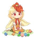  1girl animal animal_on_head animal_on_lap arm_support bangs bird bird_on_head blonde_hair blush capelet chibi chick chicken closed_mouth colorful dress eyebrows_visible_through_hair full_body green_legwear hands_on_lap multicolored_hair niwatari_kutaka on_head orange_dress puffy_short_sleeves puffy_sleeves red_eyes red_neckwear redhead sasa_kichi shiny shiny_hair short_hair short_sleeves simple_background sitting solo tail touhou two-tone_hair wariza white_background wings 