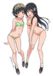  2girls :d bangs bikini black_hair blue_eyes blush breasts brown_eyes flower green_bikini hair_flower hair_ornament loafers long_hair looking_at_viewer multiple_girls navel open_mouth puma_(hyuma1219) saten_ruiko shoes short_hair simple_background smile socks swimsuit to_aru_kagaku_no_railgun to_aru_majutsu_no_index uiharu_kazari white_background white_legwear yellow_bikini 